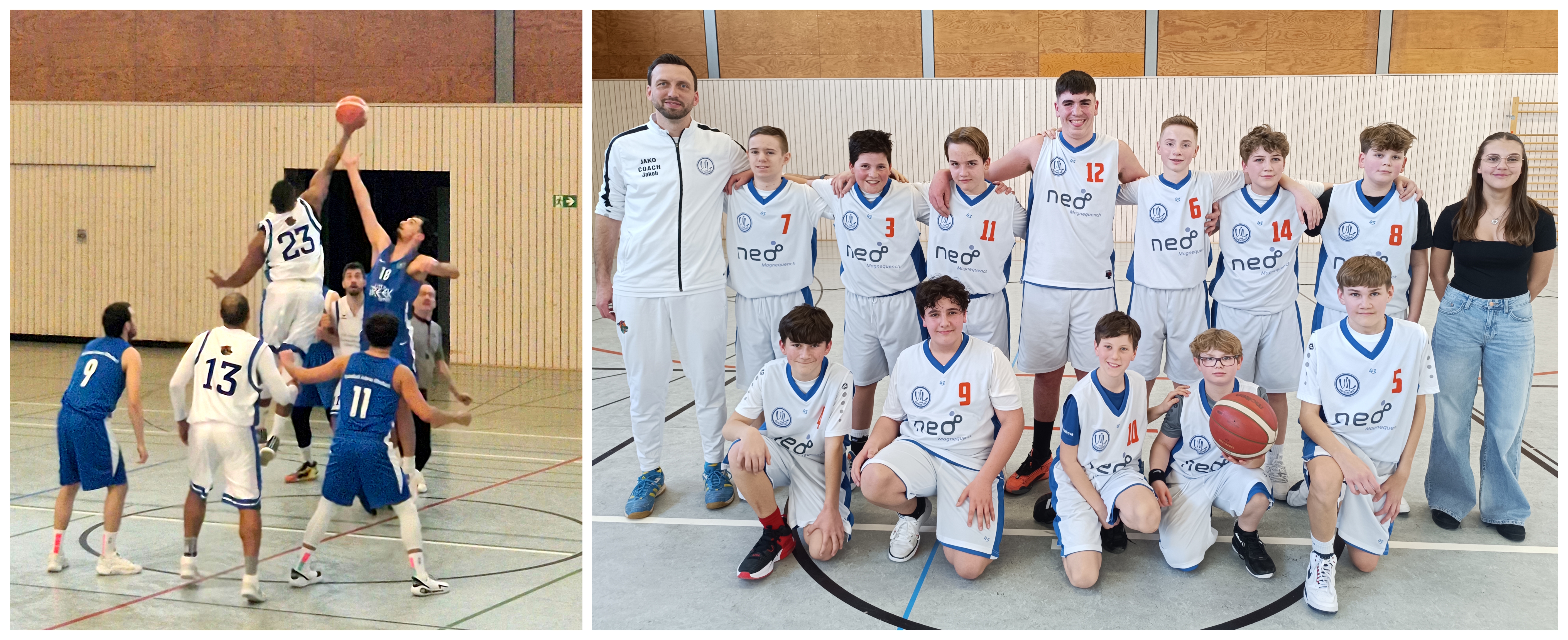 Links: Cedric Quarshie gewinnt Sprungball / Rechts: U14 Kader gegen Frankfurt