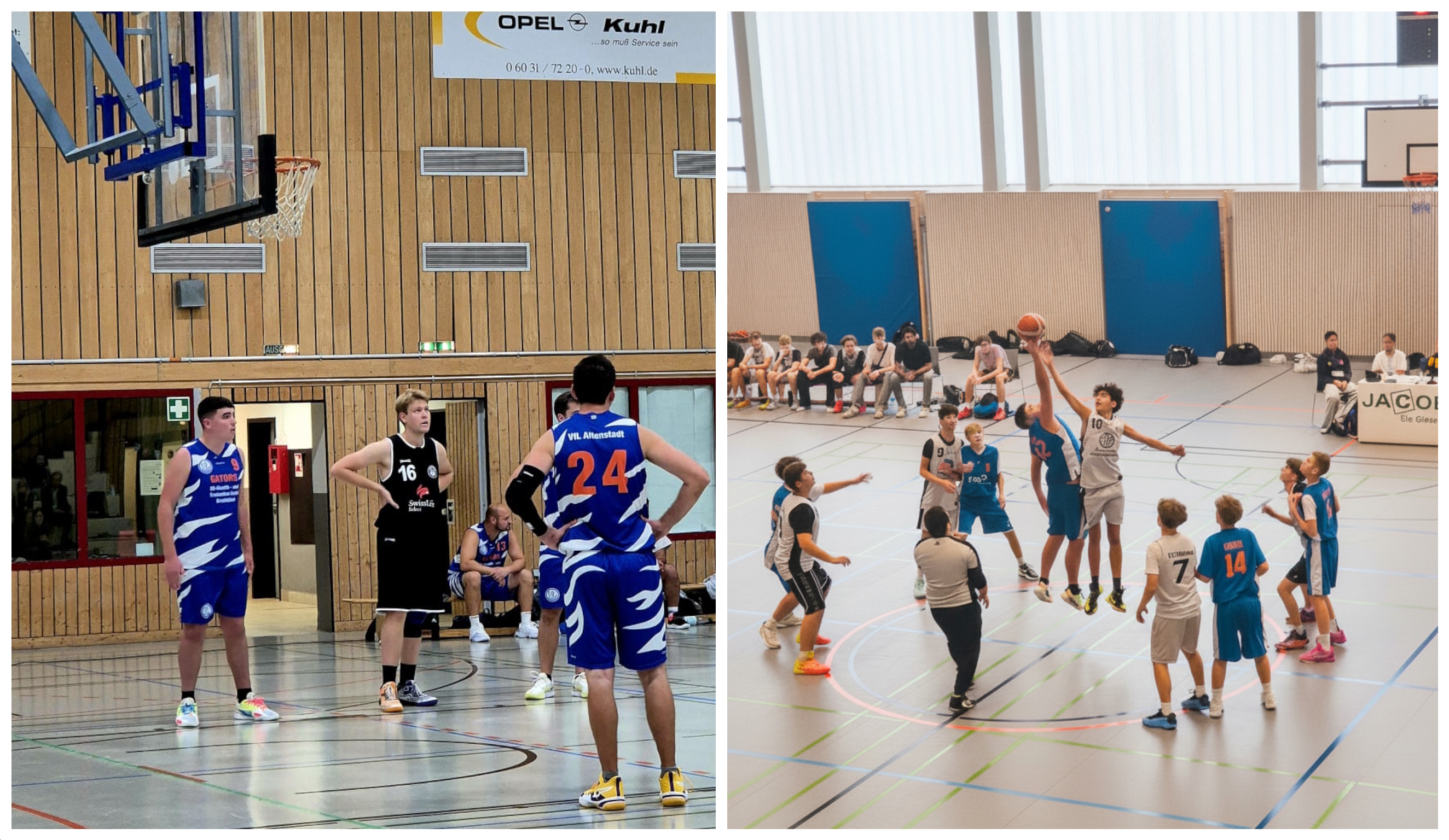 Li.: Levin Kraft bestreitet sein erstes Spiel bei den Herren (Nr. 9 blau), Re. U16 startet mit Sieg in die Saison