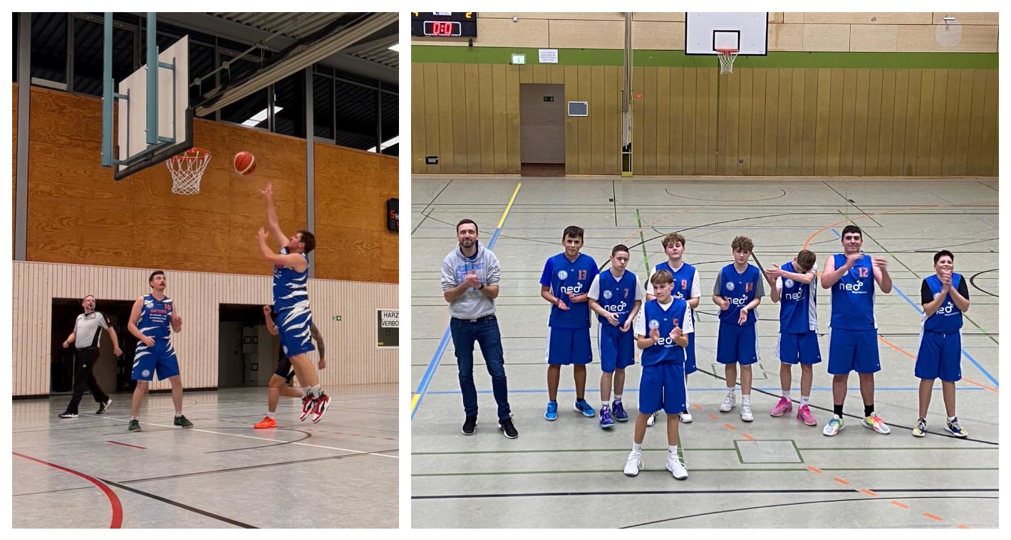 Li.: Christian Rosenkranz geht zum Korb Re.: U16 feiert sieg in Alzenau